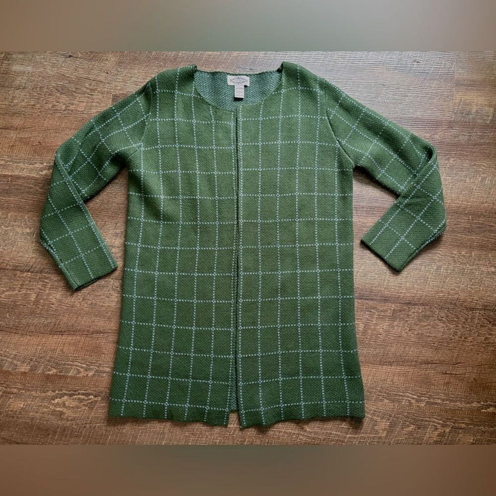Anthropologie green window pane long line open cardigan sweater Oliver by Escio - Picture 8 of 15